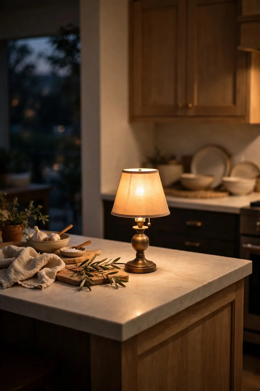 A small lamp glowing in the corner of a kitchen island, warm light, cozy evening feel