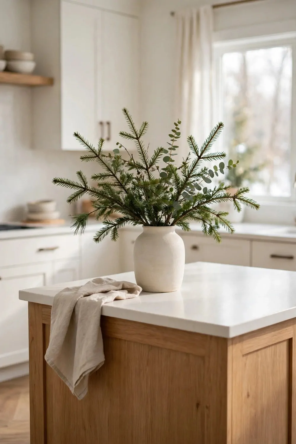 A vase of green winter branches on a kitchen island, soft daylight, calm and fresh
