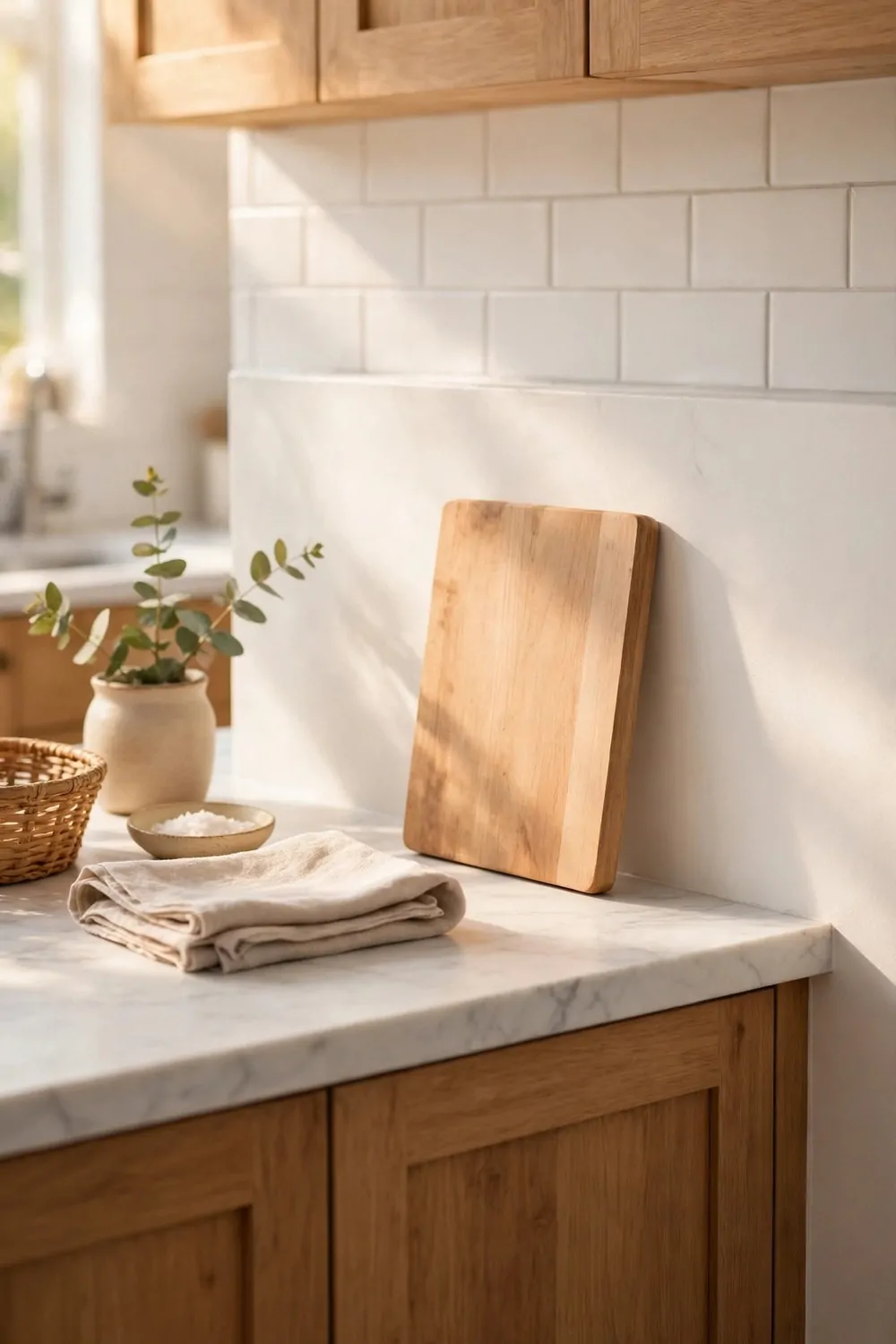 A small blank wooden board leaning against the wall on a kitchen island, warm light, tidy and calm