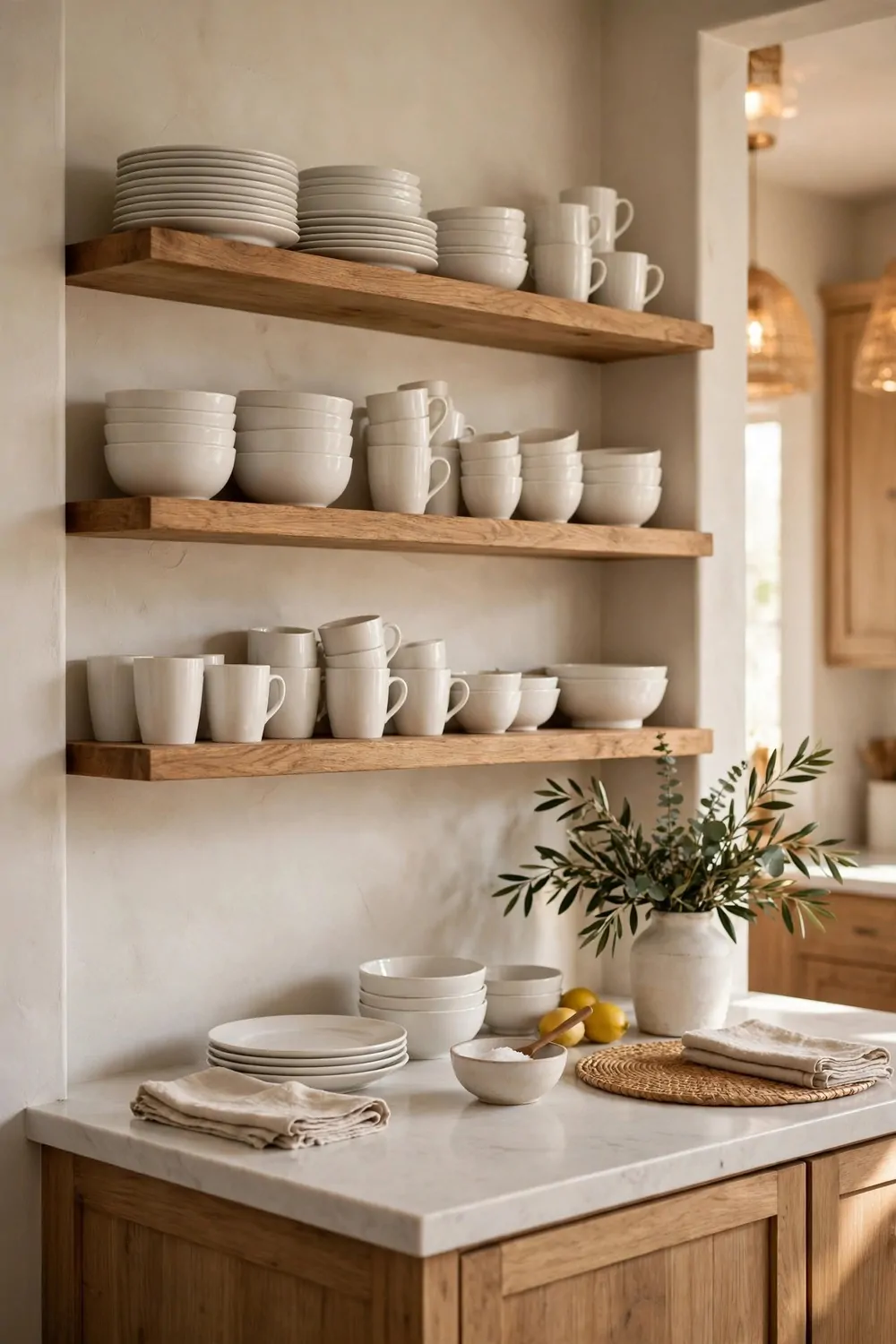 Open wooden shelves above a kitchen island with plain white dishes and cups, warm light, tidy and neat