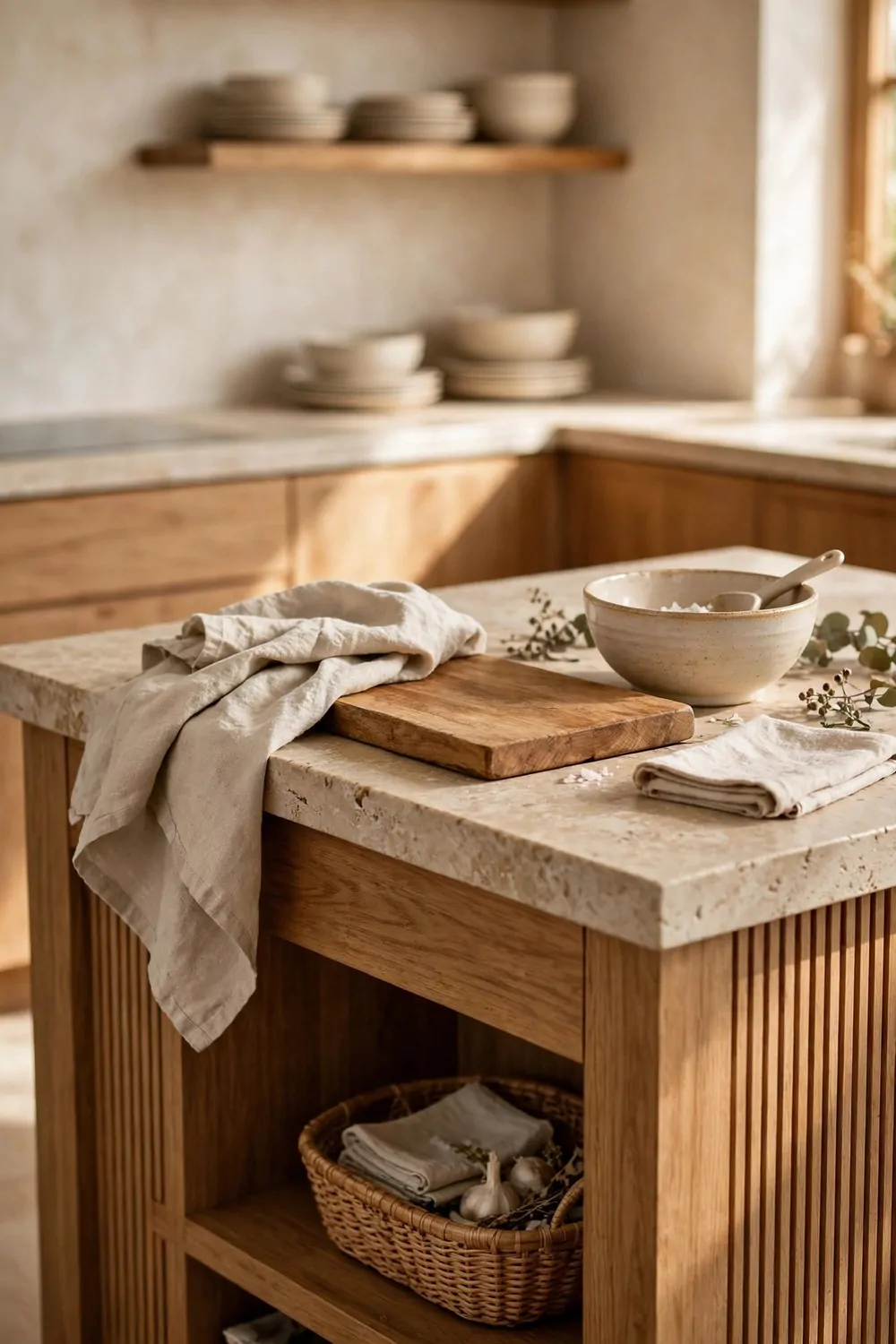 A kitchen island with mixed textures, a linen cloth, a wooden board and a ceramic bowl, warm light, tidy and cozy