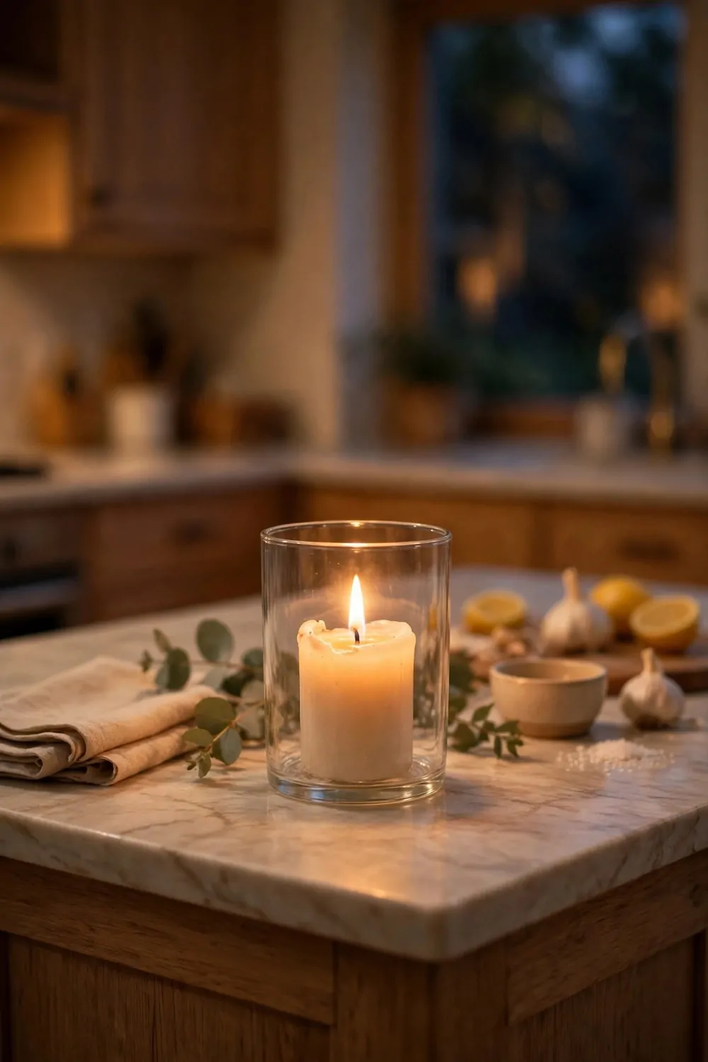 A lit candle in a plain glass holder on a kitchen island, warm glow, cozy evening feel