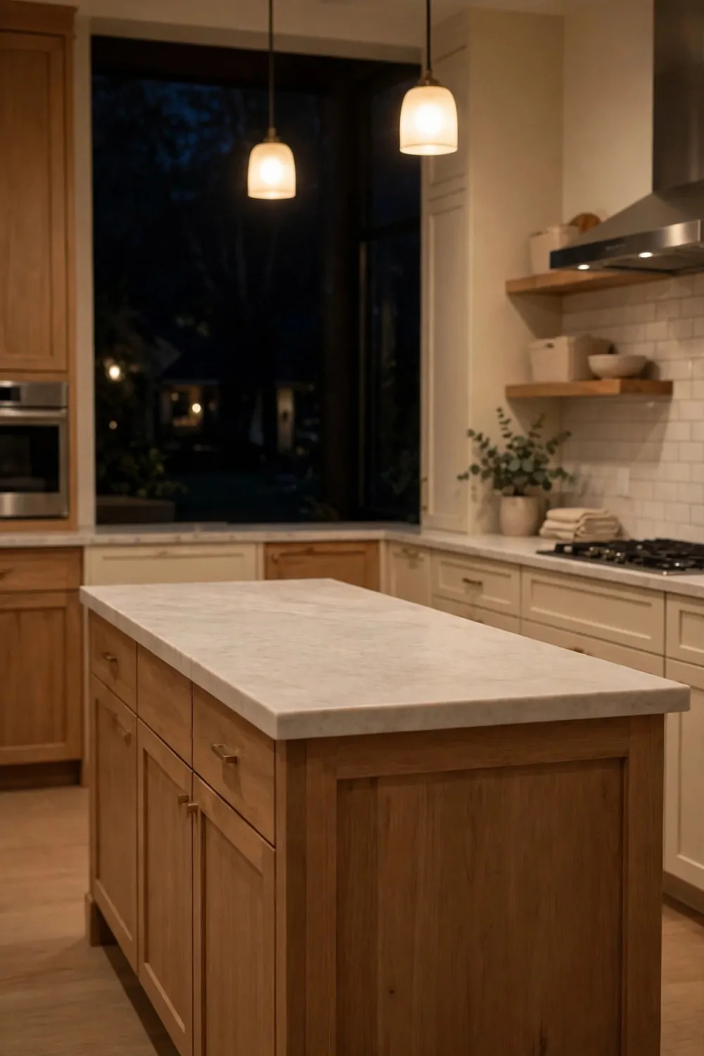 A clear empty kitchen island counter at night with warm soft light, tidy and calm