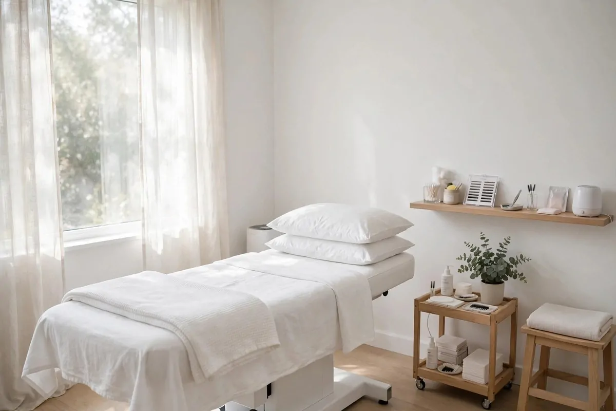 18 Lash Studio Ideas That Feel Calm and Luxurious 1 Bright minimalist lash studio with white walls, clean treatment bed and soft natural light