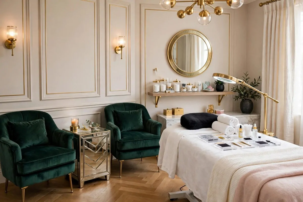 18 Lash Studio Ideas That Feel Calm and Luxurious 2 Luxurious lash room with velvet chairs, gold accents and mirrored side table