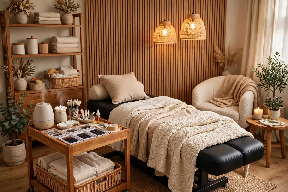 18 Lash Studio Ideas That Feel Calm and Luxurious 3 Cozy lash studio with warm wood accents, soft textiles and inviting warm lighting