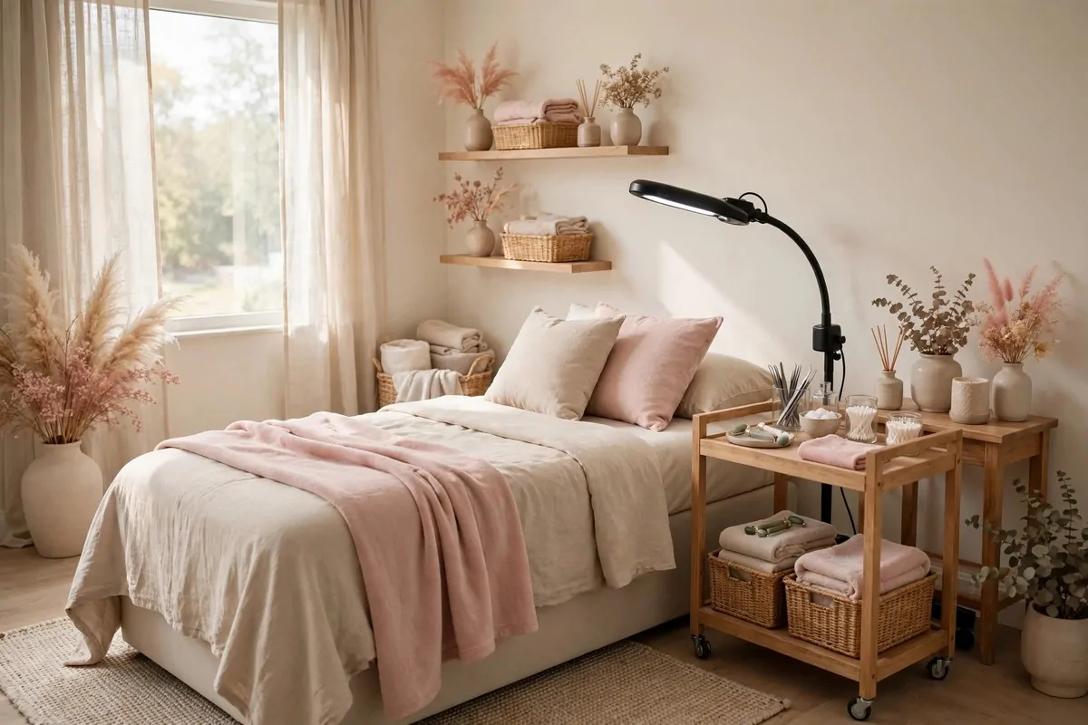 18 Lash Studio Ideas That Feel Calm and Luxurious 4 Lash studio in soft neutrals, cream walls, beige bed linens and blush accents