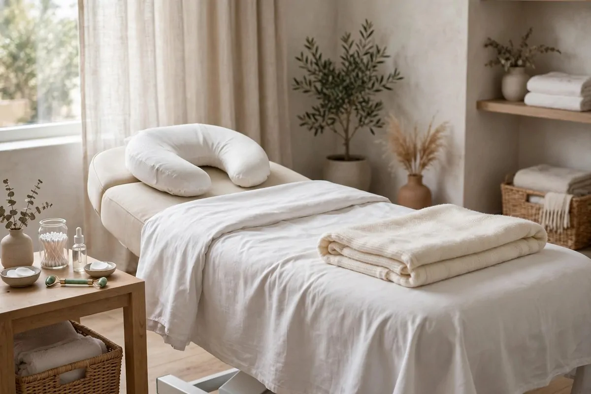 18 Lash Studio Ideas That Feel Calm and Luxurious 5 Lash treatment bed with contoured pillow, soft white linens and folded blanket