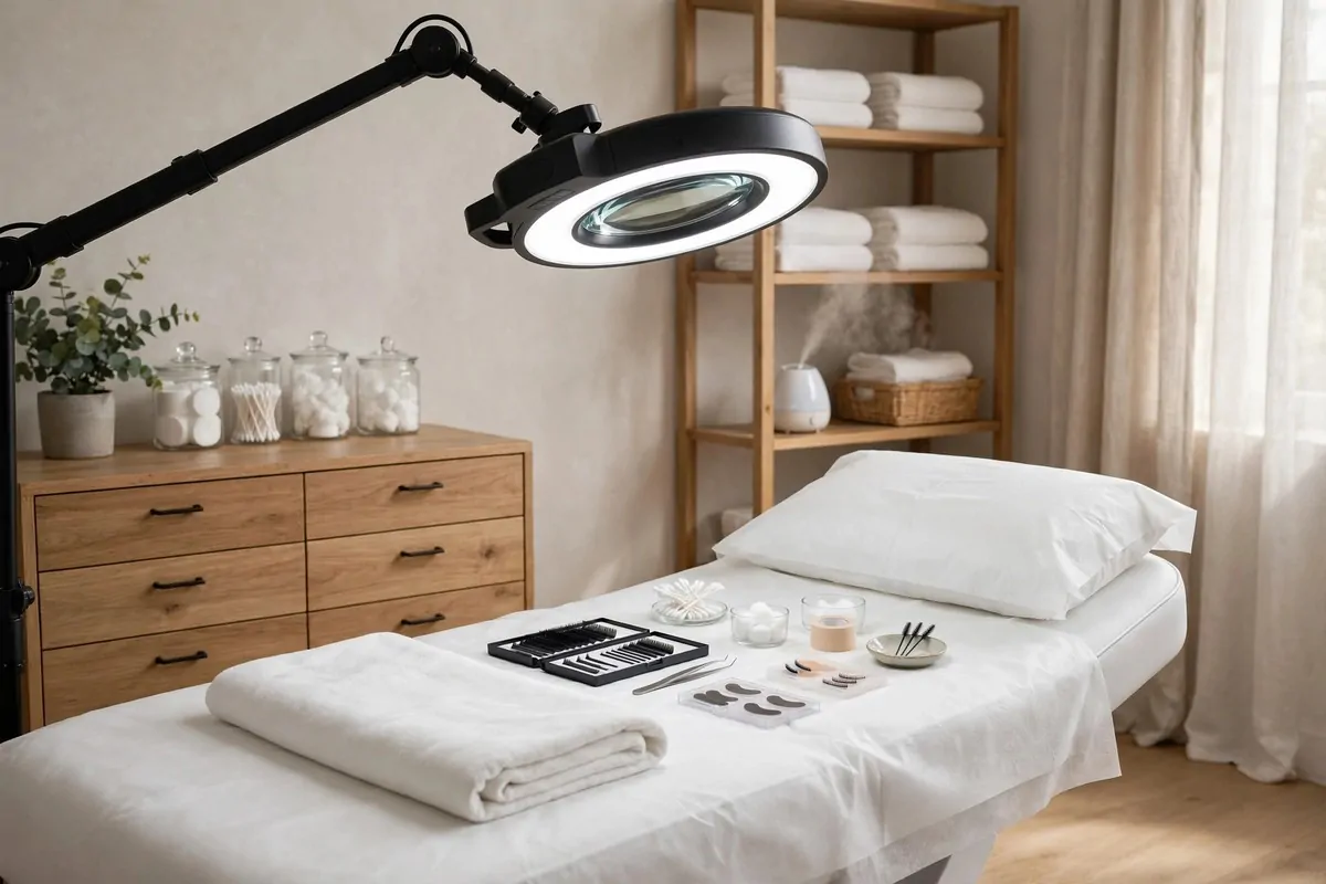 18 Lash Studio Ideas That Feel Calm and Luxurious 6 Adjustable beauty task light positioned over a lash treatment bed in a calm studio