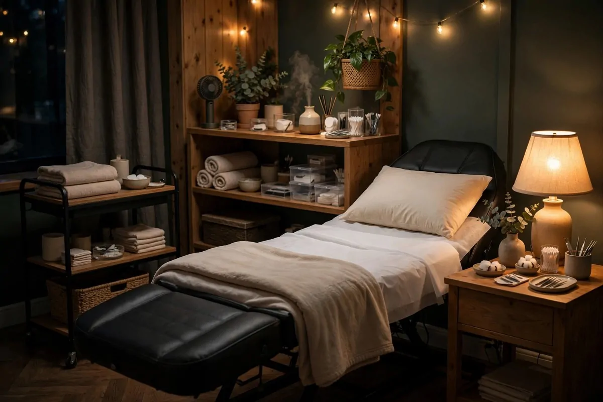 18 Lash Studio Ideas That Feel Calm and Luxurious 7 Lash studio with dimmed warm ambient lighting and glowing bedside lamp