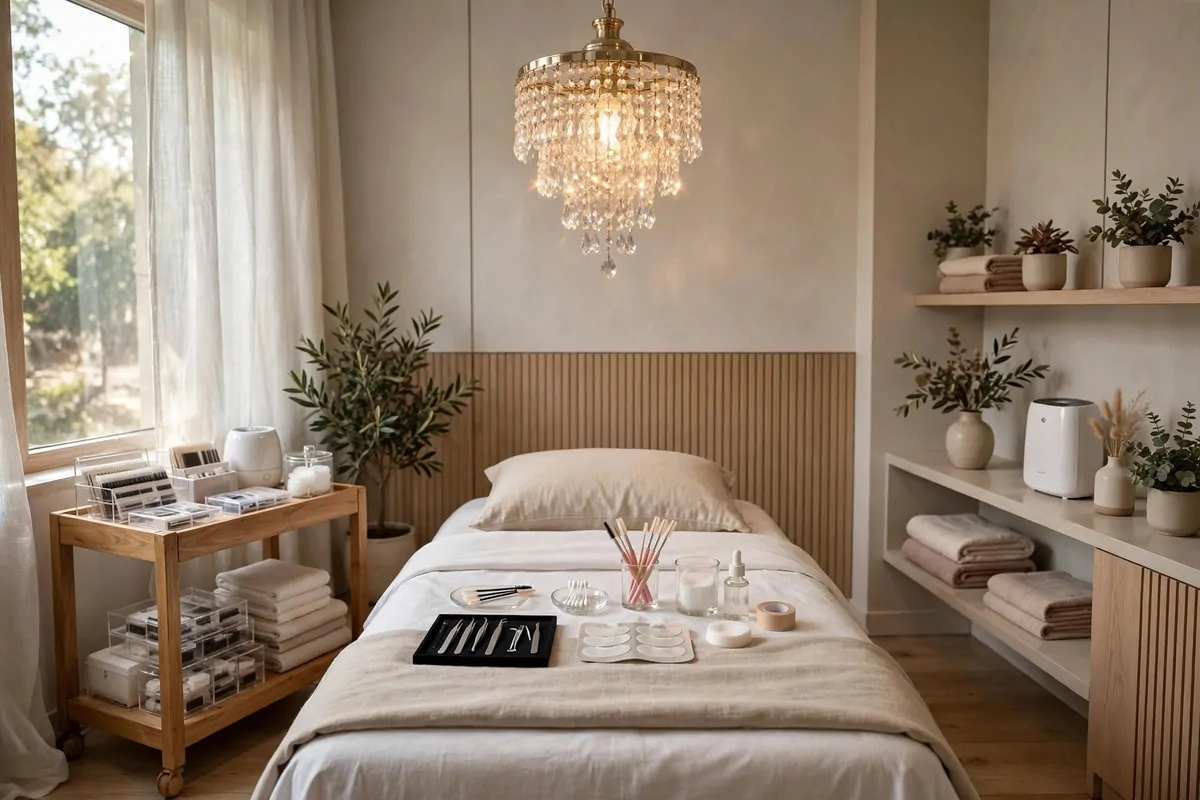 18 Lash Studio Ideas That Feel Calm and Luxurious 8 Crystal pendant light glowing softly over a lash studio treatment area