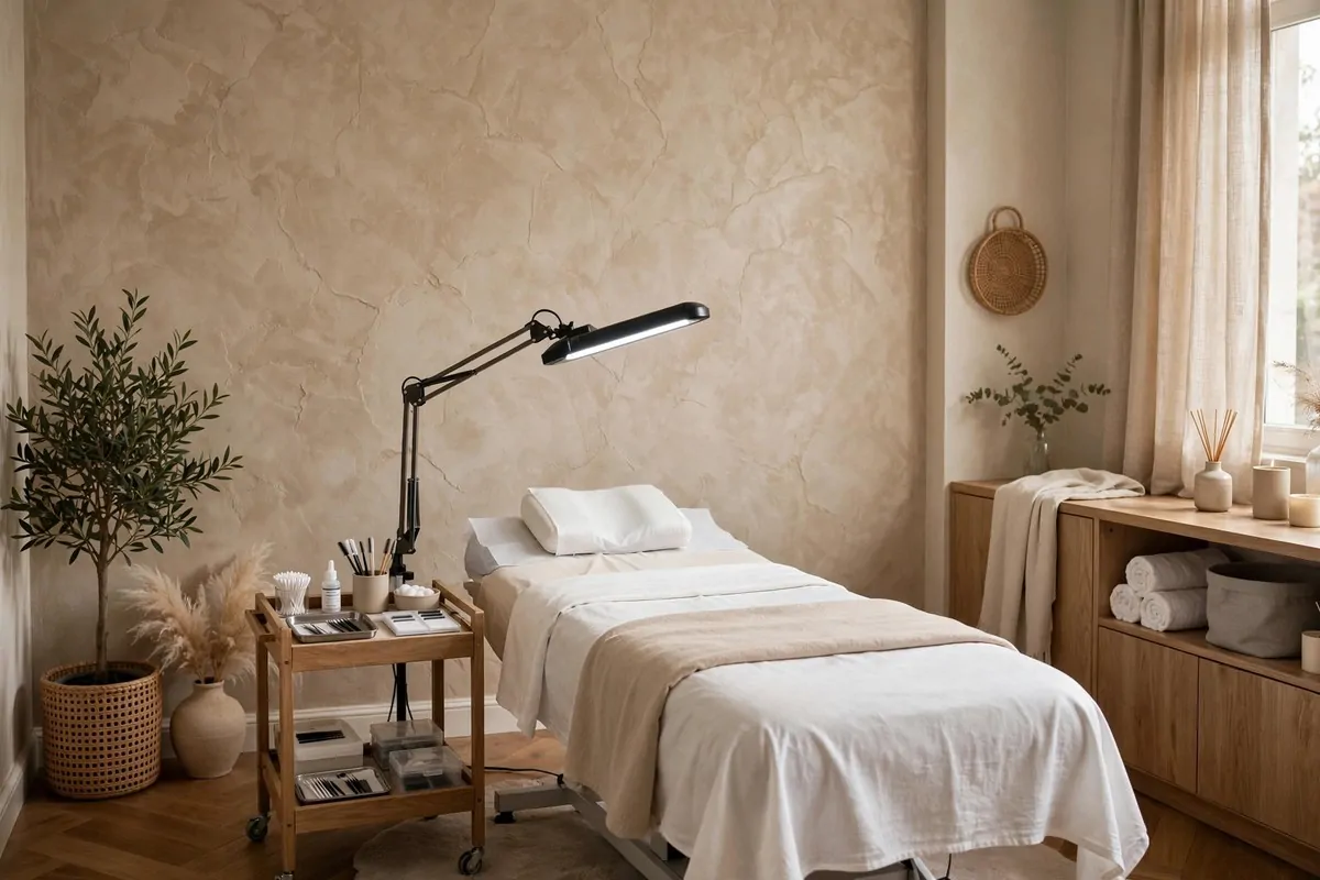 18 Lash Studio Ideas That Feel Calm and Luxurious 9 Lash studio with a textured statement wall behind the treatment bed in warm beige