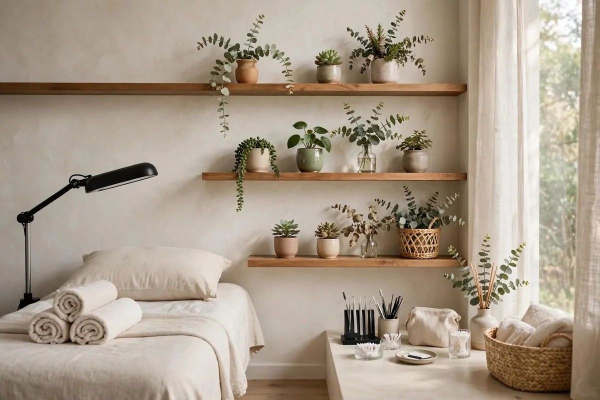 18 Lash Studio Ideas That Feel Calm and Luxurious 10 Small potted plants and eucalyptus sprigs styled in a serene lash studio