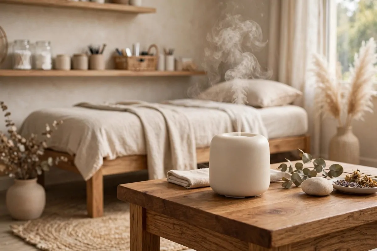 18 Lash Studio Ideas That Feel Calm and Luxurious 11 Aromatherapy diffuser with soft mist on a wooden side table in a lash studio
