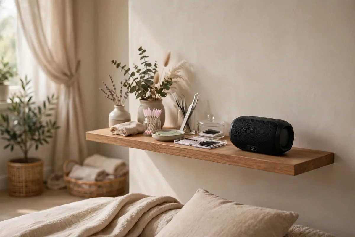18 Lash Studio Ideas That Feel Calm and Luxurious 12 Small bluetooth speaker on a shelf in a tranquil lash studio with soft lighting
