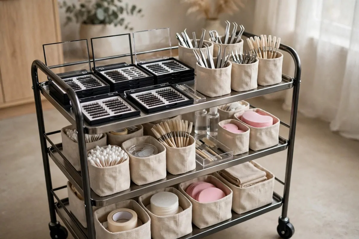 18 Lash Studio Ideas That Feel Calm and Luxurious 13 Magnetic lash palettes and organized tools in matching containers on a studio cart