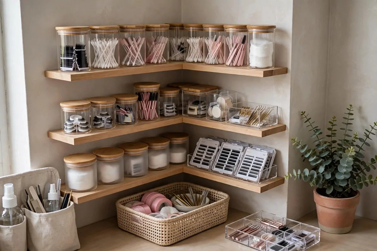 18 Lash Studio Ideas That Feel Calm and Luxurious 14 Neat inventory shelves with matching jars and a small decor piece in a lash studio