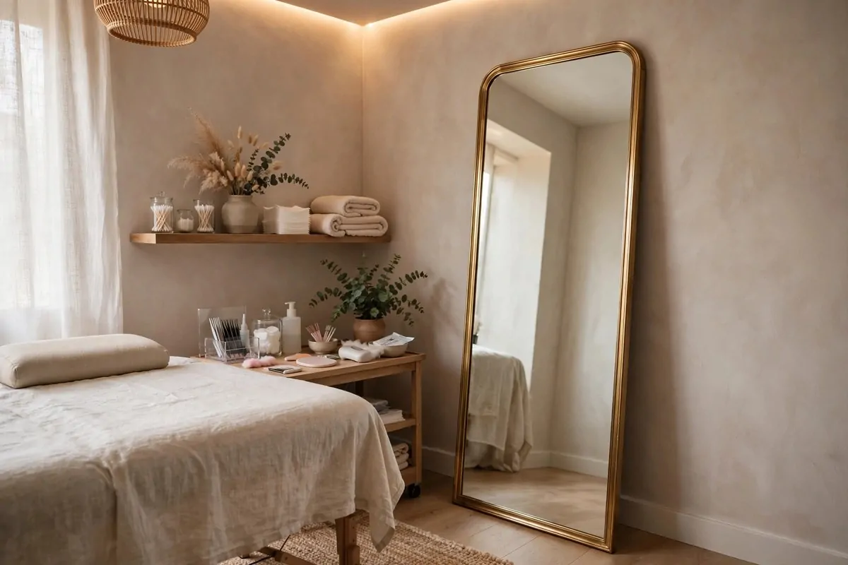 18 Lash Studio Ideas That Feel Calm and Luxurious 15 Full length mirror with soft lighting in a lash studio corner for client photos