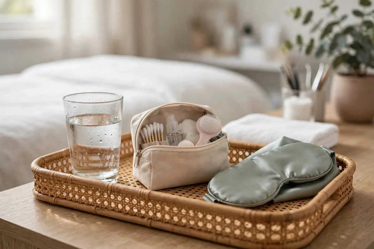 18 Lash Studio Ideas That Feel Calm and Luxurious 16 Bedside tray with water, aftercare kit and soft eye mask in a lash studio