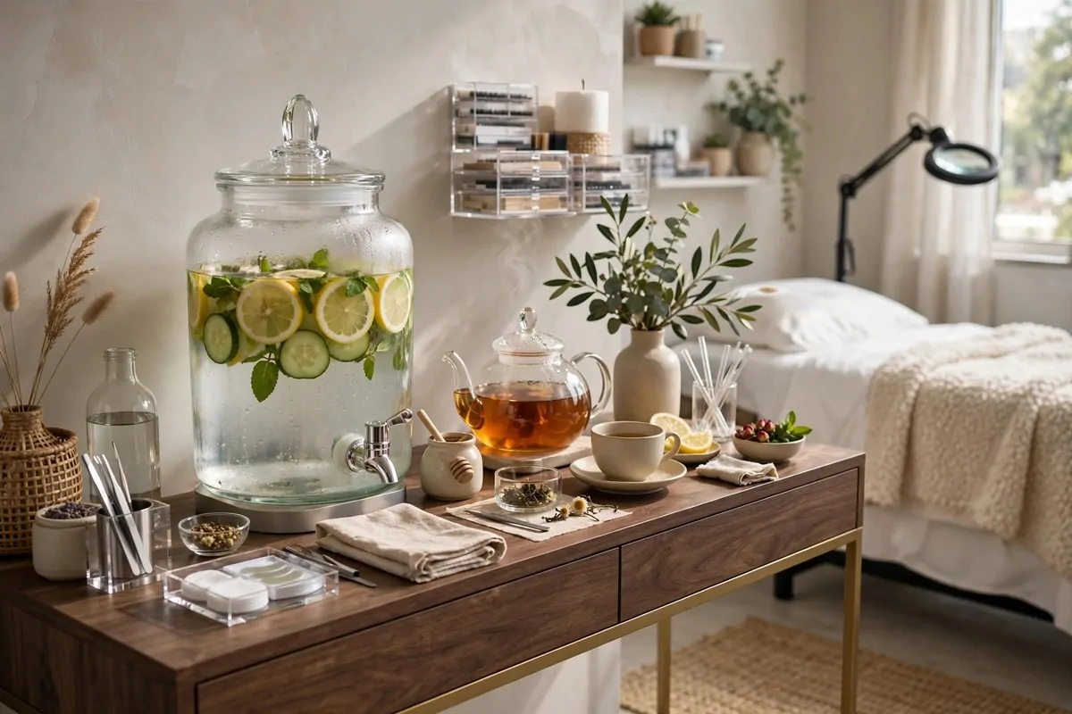 18 Lash Studio Ideas That Feel Calm and Luxurious 17 Elegant tea and infused water station on a console table in a lash studio waiting area