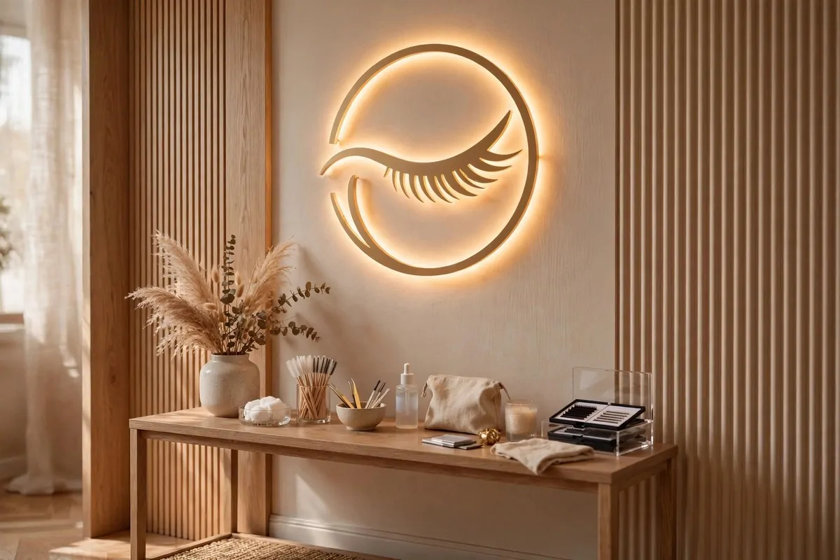 18 Lash Studio Ideas That Feel Calm and Luxurious 18 Lash studio wall with elegant logo sign in brand colors above a console table