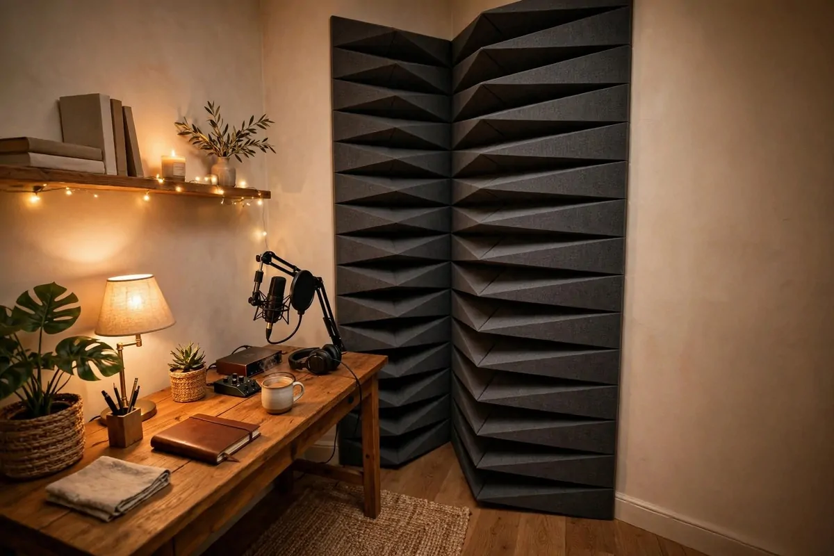 18 Podcast Room Setup Ideas for Crisp, Clear Sound 3 Bass traps installed in the corners of a podcast recording room