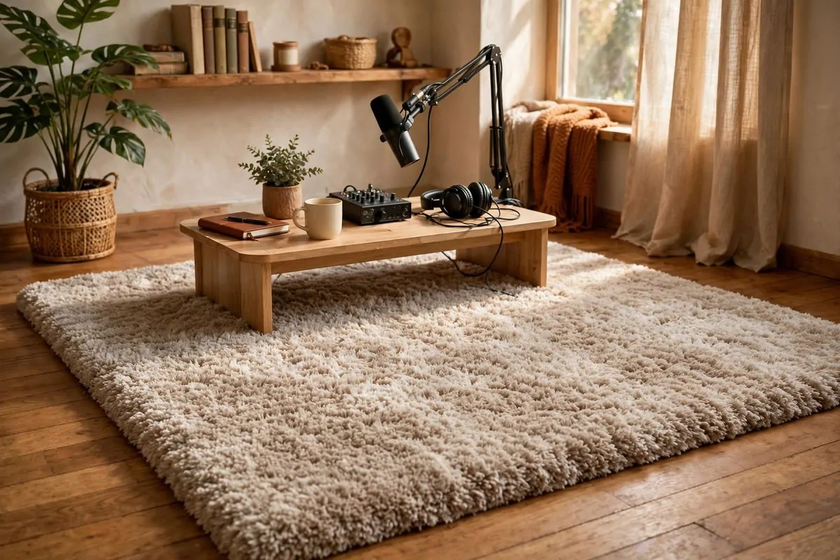 18 Podcast Room Setup Ideas for Crisp, Clear Sound 4 Thick rug under a podcast desk on a hard floor
