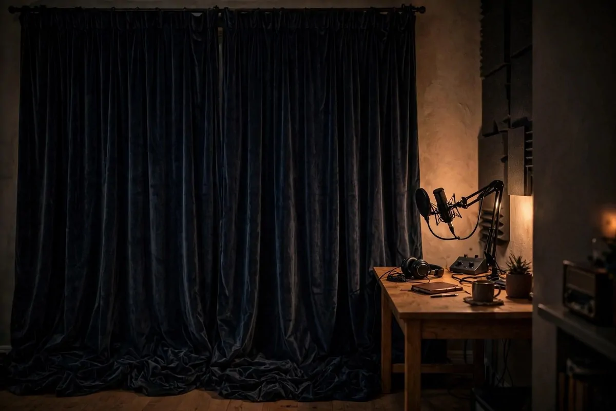 18 Podcast Room Setup Ideas for Crisp, Clear Sound 5 Heavy curtains covering windows in a podcast recording room