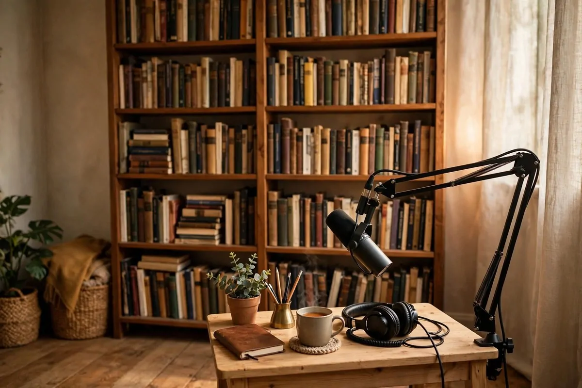 18 Podcast Room Setup Ideas for Crisp, Clear Sound 6 Full bookshelf behind a podcast mic for sound diffusion