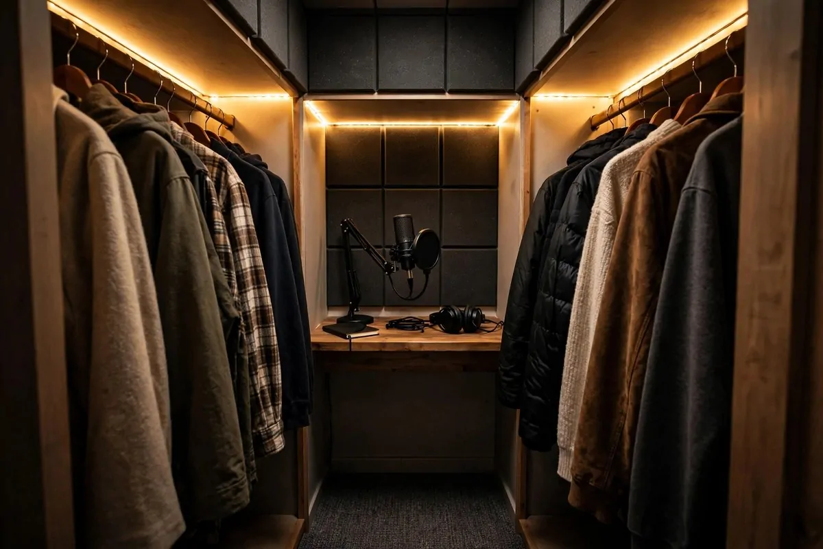 18 Podcast Room Setup Ideas for Crisp, Clear Sound 7 Walk-in closet converted into a mini podcast recording booth