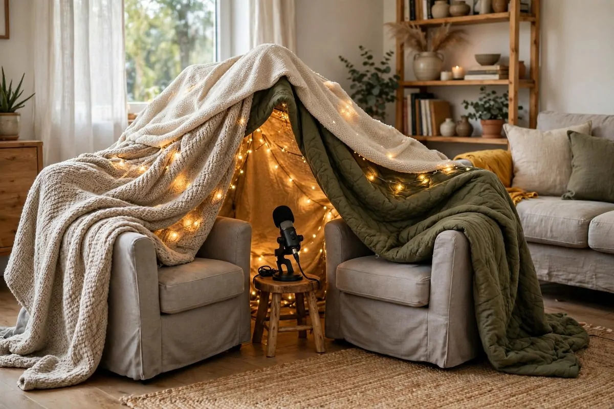18 Podcast Room Setup Ideas for Crisp, Clear Sound 8 Blanket fort built around a podcast recording spot