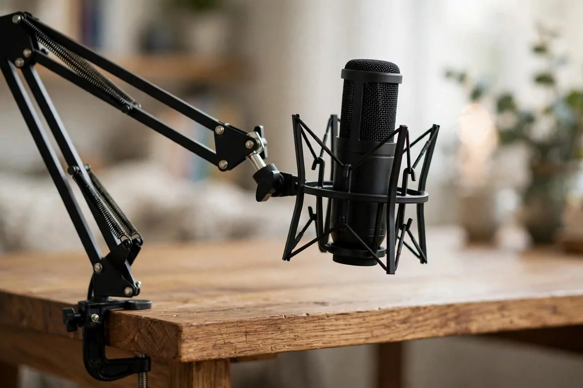 18 Podcast Room Setup Ideas for Crisp, Clear Sound 9 Microphone on a boom arm with a shock mount at a podcast desk