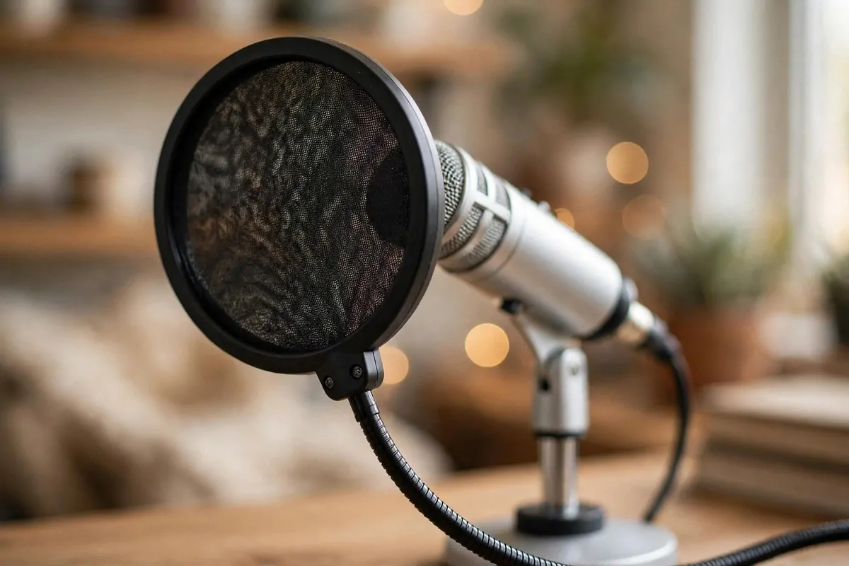 18 Podcast Room Setup Ideas for Crisp, Clear Sound 10 Pop filter mounted in front of a podcast microphone