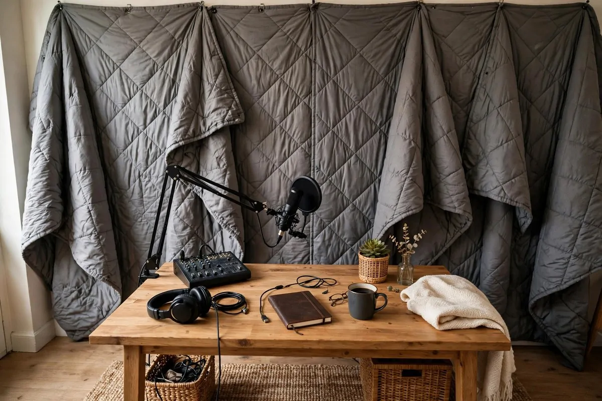 18 Podcast Room Setup Ideas for Crisp, Clear Sound 12 Podcast desk facing the softest treated wall of the room