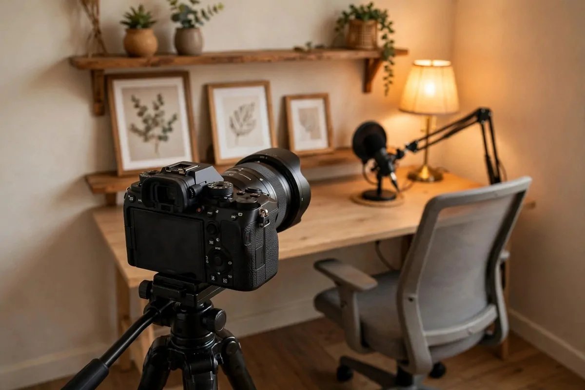 18 Podcast Room Setup Ideas for Crisp, Clear Sound 15 Professional looking background behind a podcast recording setup