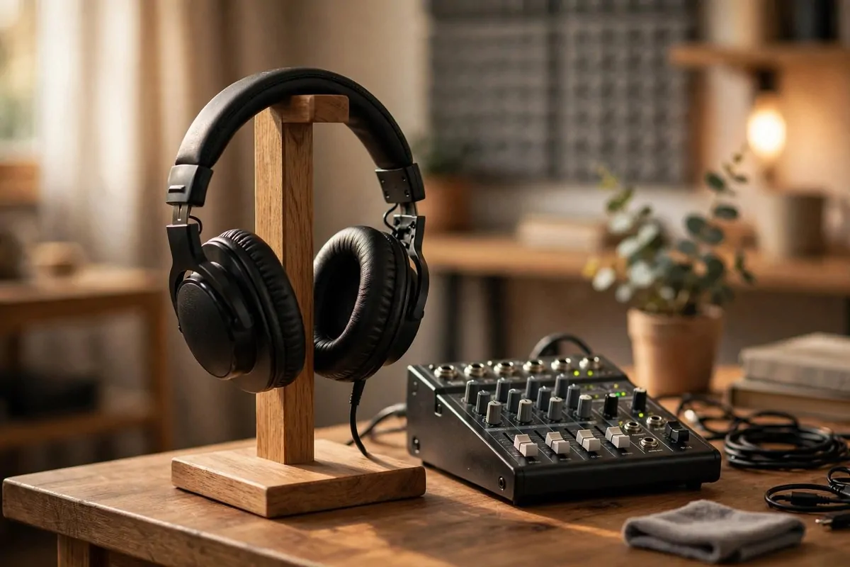 18 Podcast Room Setup Ideas for Crisp, Clear Sound 16 Closed-back headphones worn while recording a podcast