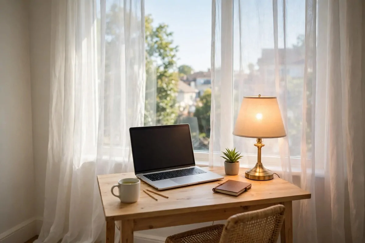 A bright desk by a large window with a laptop, a warm lamp, a small plant and sheer curtains letting in daylight