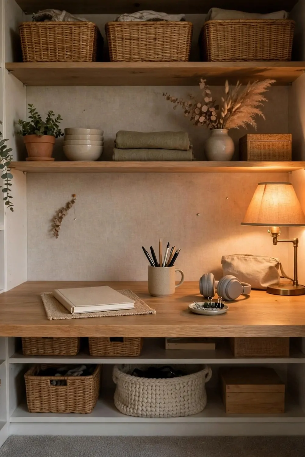 A wall-mounted fold-down desk half open in a bedroom with a laptop and a small lamp