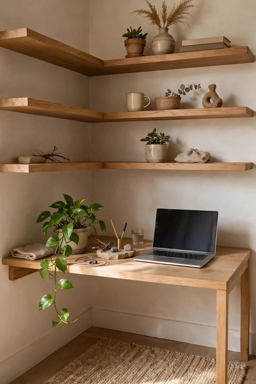 A sheer curtain dividing a bed zone from a desk zone in a calm bedroom