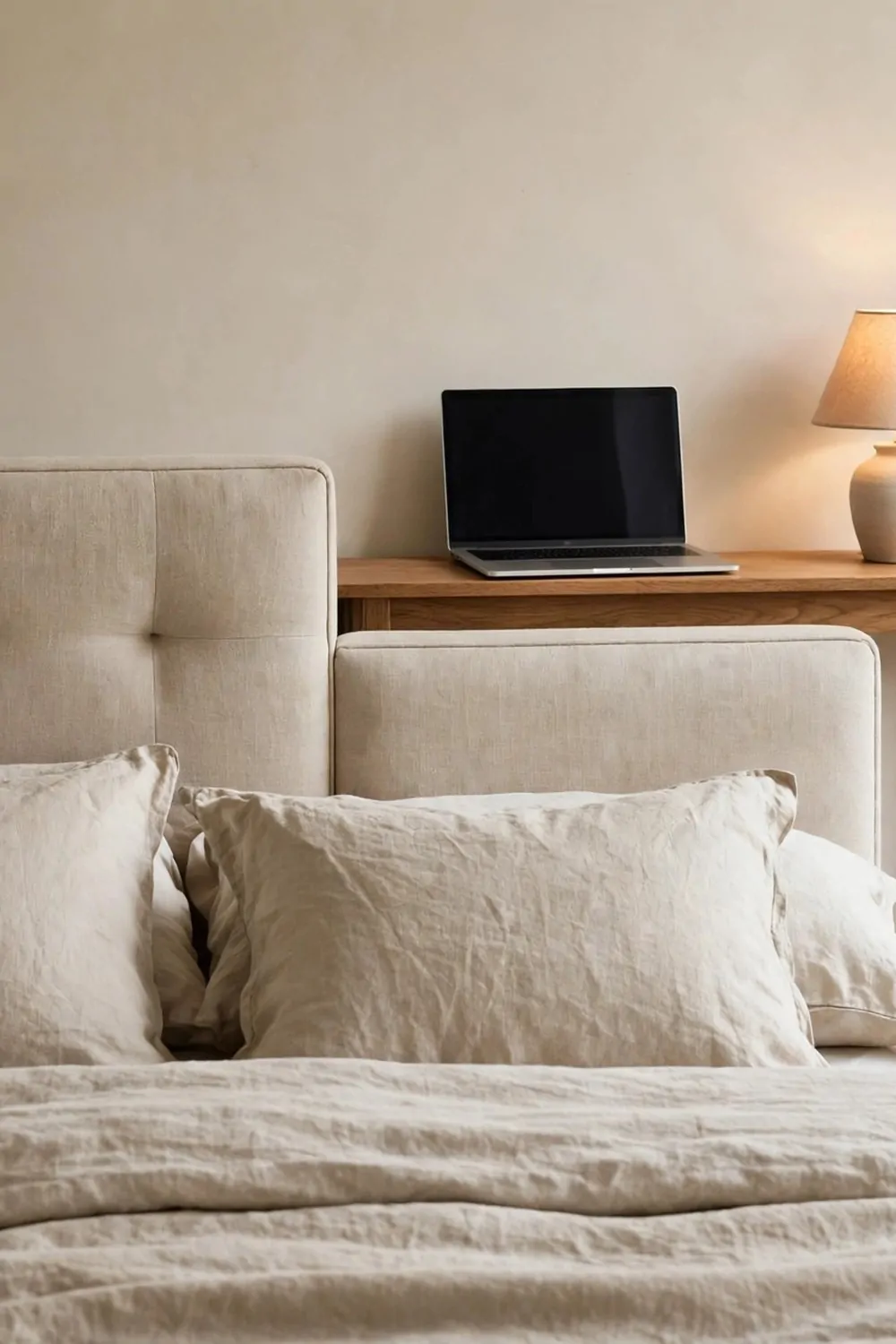 A slim console desk at the foot of a neatly made bed with a rug marking the work zone