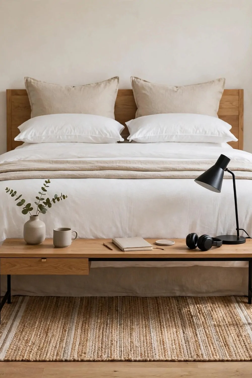 A small desk tucked into a bedroom corner with floating shelves, a plant and a laptop