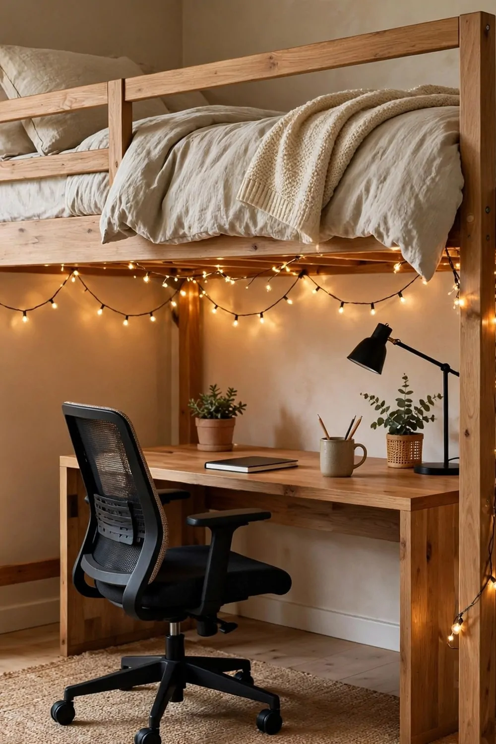 A loft bed with a desk, chair and string lights in the space underneath