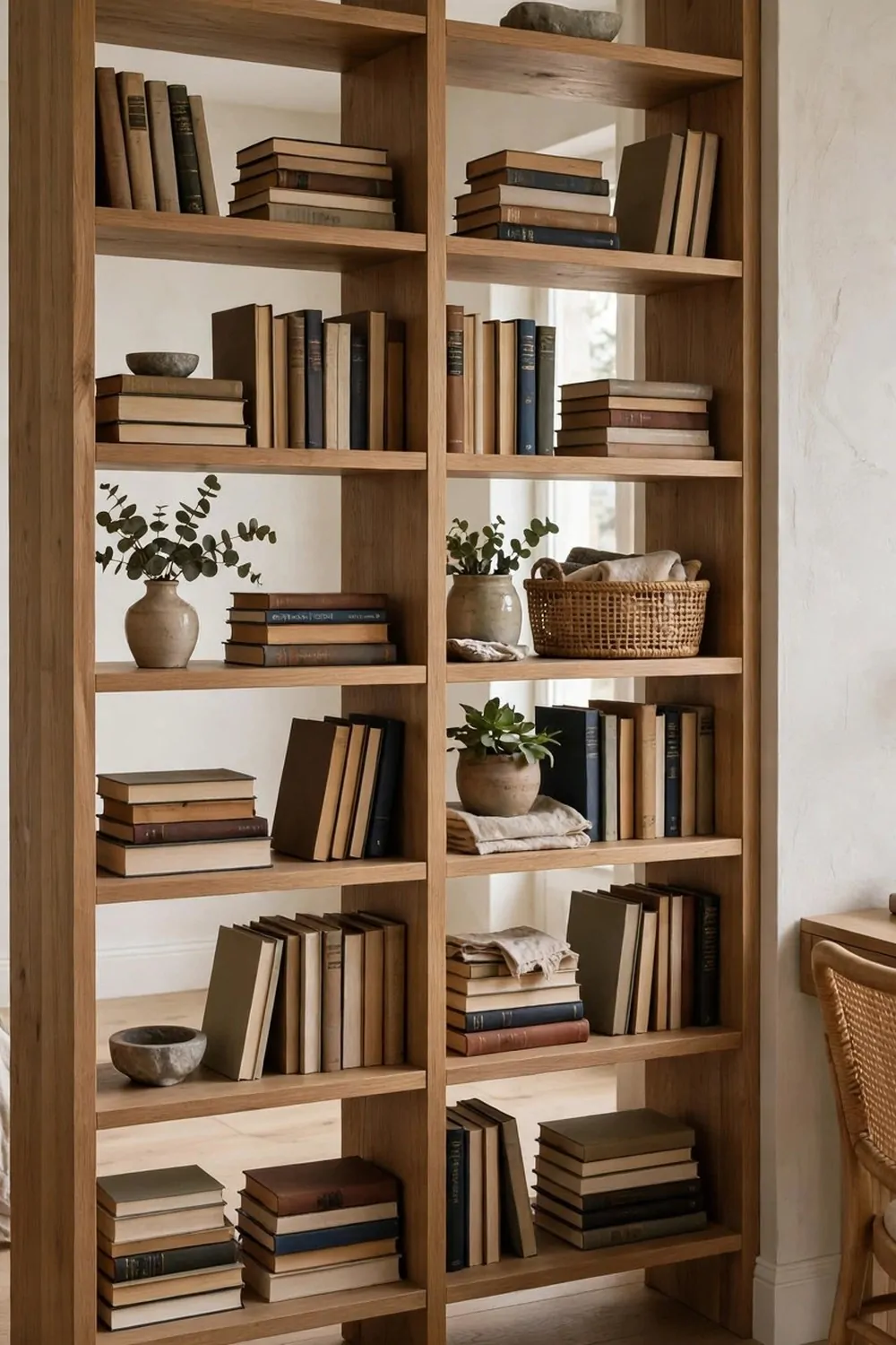 An open bookshelf standing perpendicular to the wall, dividing a bed area from a desk area