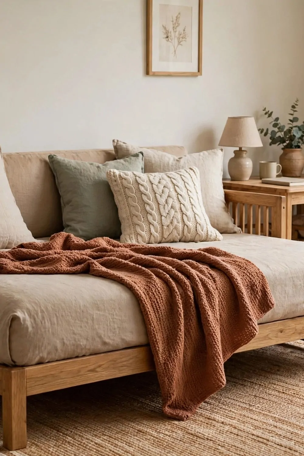 A daybed styled as a sofa with cushions and a throw, with a small desk nearby in a bedroom