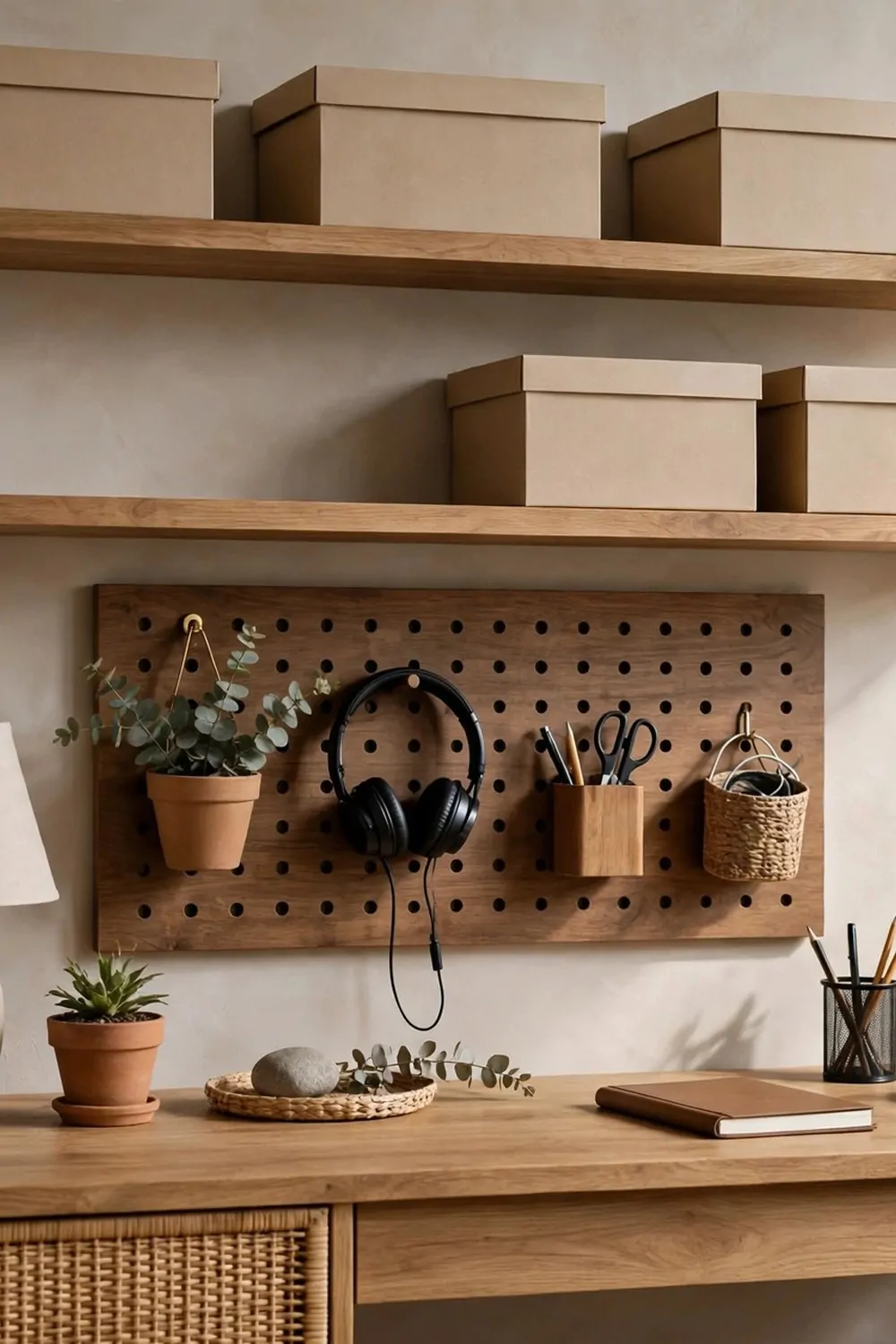 A bedroom desk wall with floating shelves, a pegboard and tidy boxes above the desk