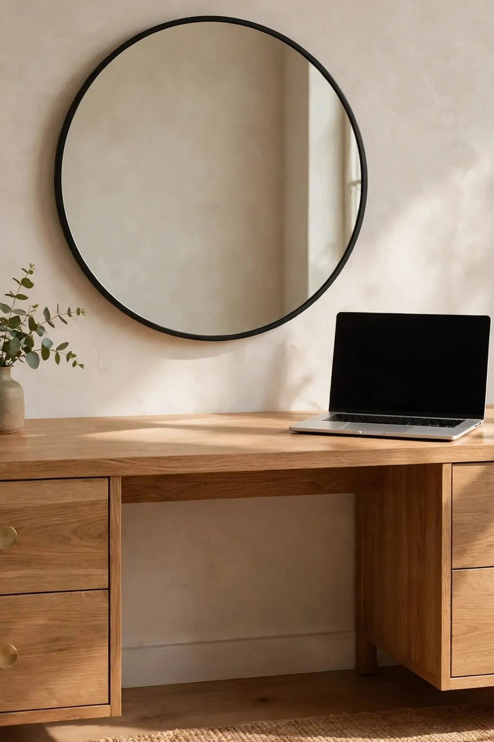 A tiny desk doubling as a nightstand beside a bed with a lamp and a book