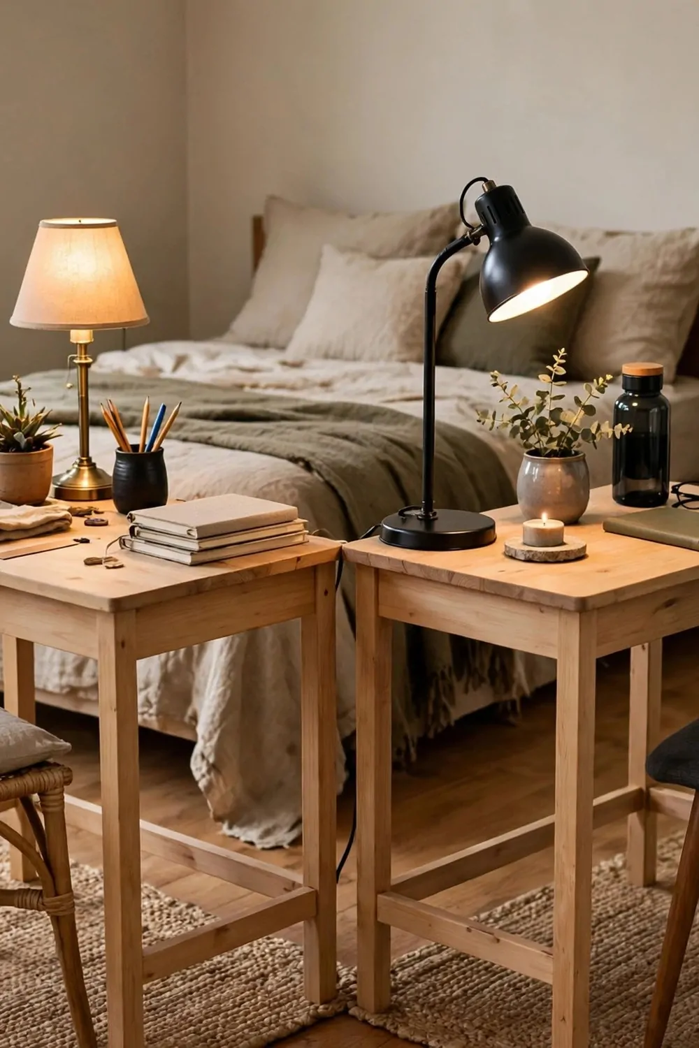 A dressing table with a round mirror used as a desk, with a laptop and a small vase