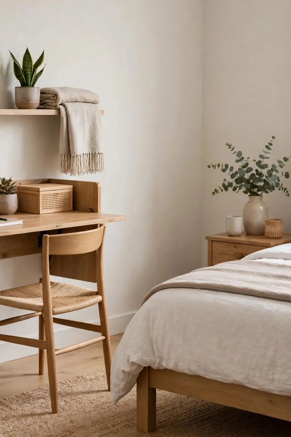 A desk facing a plain pale wall with a small ring light, a plant and a laptop for video calls