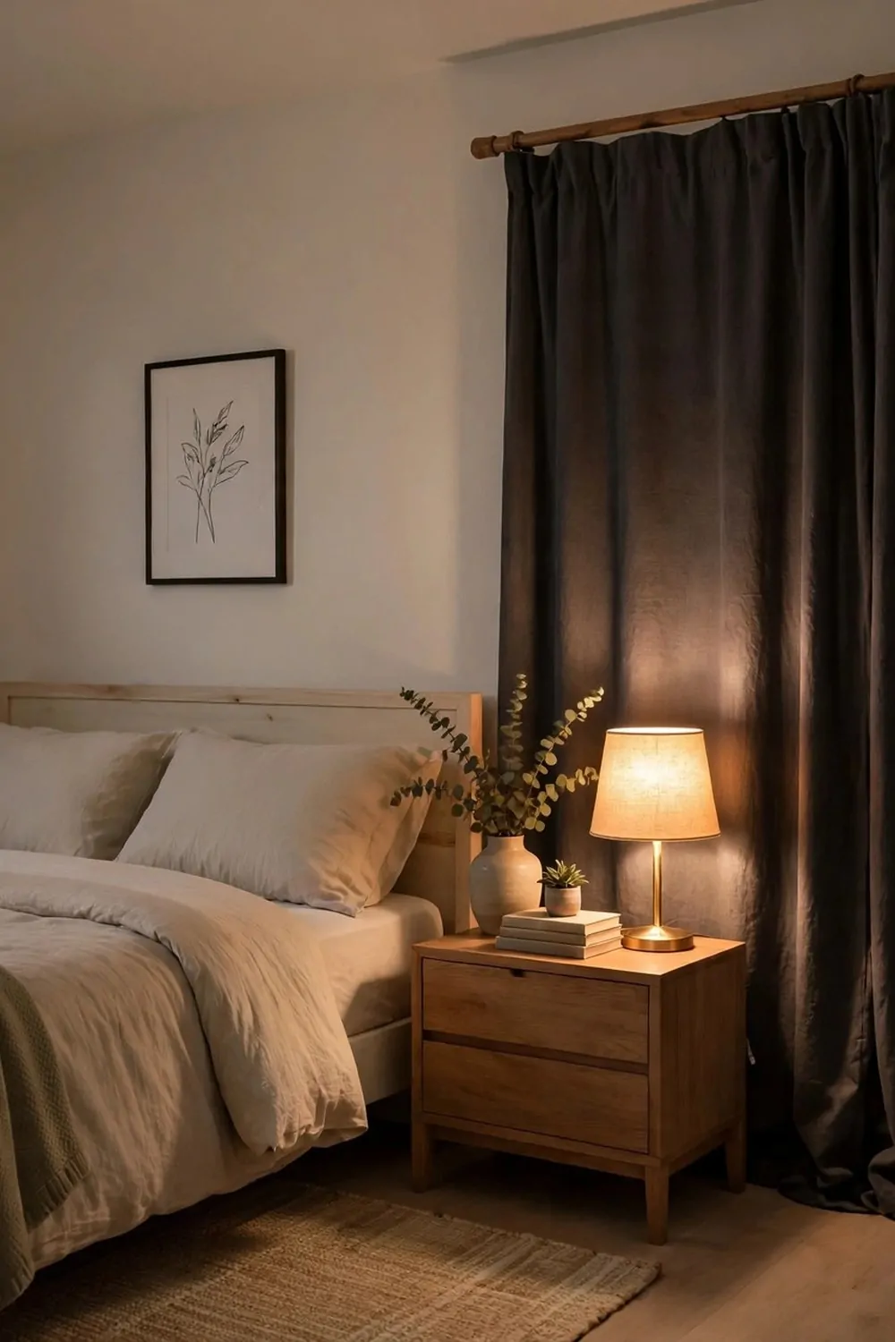 A tidy bedroom set up for a guest, with a foldaway desk against the wall and a made bed