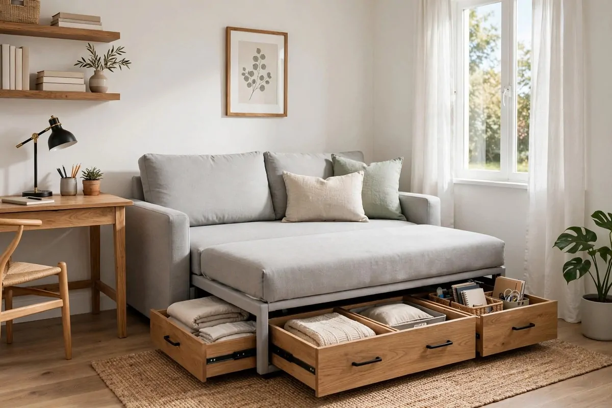 Modern sleeper sofa with pull-out storage drawers in a compact guest room office
